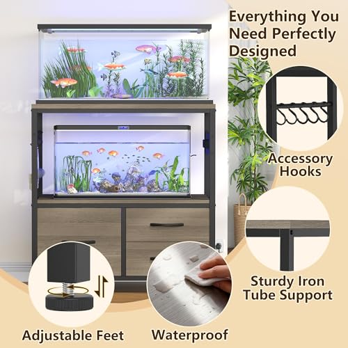 Heybly 20-29 Gal Fish Tank Stand with Drawer, Power Outlet,330lbs HAS001SG | Aquarium Stand,Heavy Duty Metal Frame for Fish Tank, Turtle & Reptile Terrarium, 31.5" x 15.7" Top, Rustic Gray - color: Greige, size: 20-29 gal
