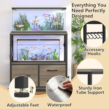 Heybly 20-29 Gal Fish Tank Stand with Drawer, Power Outlet,330lbs HAS001SG | Aquarium Stand,Heavy Duty Metal Frame for Fish Tank, Turtle & Reptile Terrarium, 31.5" x 15.7" Top, Rustic Gray - color: Greige, size: 20-29 gal