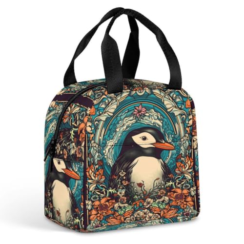 Retro Penguin Flowers Lunch Bag for Women Men | Insulated Lunch Box Leakproof Food Meal Containers Reusable Foldable 6L Capacity Lunch Tote Bags for Work Picnic Travel - color: style-13