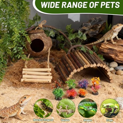 14Pcs Reptile Plants Bridge Vines Leopard Gecko Coconut Hut Crested Gecko Tank Accessories Lizard Coco Den with Ladder for Lizard, Chameleon Cage, Snakes, Hermit Crab