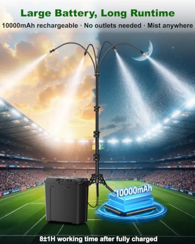 Portable Misting System with Stand, Water Cooling Misters Set for Outside Patio - 9L Bucket Built-in 10000mAh Battery & PCS Pump & Timer for Outdoor, Canopy, Sport, Golf, Beach, Greenhouse, Camp
