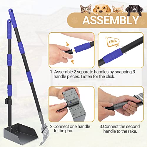 Dog Pooper Scooper, Dog Poop Tray and Rake Set with Long Stainless Handles | Pet Waste Removal Scoop with Adjustable Sectional Handles - color: Black/Blue