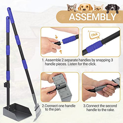 Dog Pooper Scooper, Dog Poop Tray and Rake Set with Long Stainless Handles | Pet Waste Removal Scoop with Adjustable Sectional Handles - color: Black/Blue