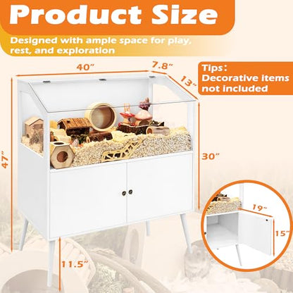 PROLEE Hamster Cage with Storage Cabinet,Large Hamster Encloure Chew Proof Wood,Clear View Hamster Habitat for Guinea Pig, Ferret, Rat, Hedgehog, 40" L x 20" W x 47" H (White) - color: White