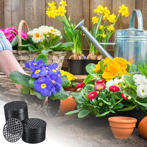 PATIKIL Flower Pot Hole Mesh Pad, 60Pcs 1.8 Inch/4.5cm Round Rigid Bonsai Drainage Mesh Grid Screen Bottom Grid Mat for Garden, Black - color: Black