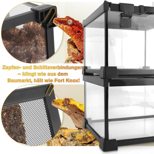 20"x12"x14" Reptile Terrarium, Escape-Proof Glass Arboreal Vivarium for Small Arboreal Reptiles Such as Crested Geckos, with Escape-Proof Lock & Feeding Hatch - size: 20"D x 12"W x 14"H