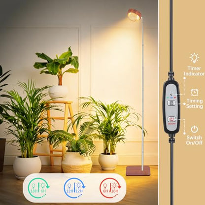Grow Light for Indoor Plants, Full Spectrum Floor Plant Lamp with Convex Lens, Timer 6/12/18H, Faux Walnut Wood Grain, 12-57 inches Height Adjustable Desktop and Standing Growing Light