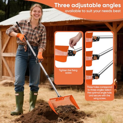 12inch Chicken Poop Scooper & Rake 2-in-1 with Adjustable Handle | Heavy Duty Metal Chicken Coop Scoop for Sand, Adjustable Angle Stainless Steel Chicken Coop Rake Sifting Shovel 37-64",Orange - color: Orange