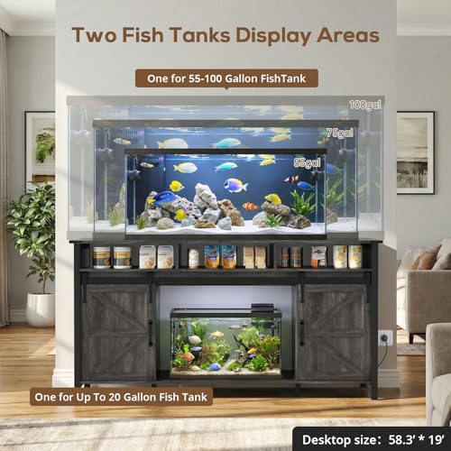 VOWNER 75-120 Gallon Fish Tank Stand with Power Outlet for 2 Tanks, Grey | Farmhouse Aquarium Stand with Storage Cabinet & Sliding Barn Doors, Heavy Duty Reptile Tank Stand, 1000LBS Capacity - color: Grey