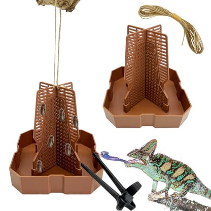2PCS Reptile Hunting Bowl,4.4"×4.4"×4.7" H Insect Feeding Box with Rope and Tweezers Chameleon Feeder Bowls Hanging Bearded Dragon Bug Bowls Mounted Insect Reptile Feeder Box(Brown, Small) - color: Brown, size: Small:4.4"L×4.4"W×4.7"H