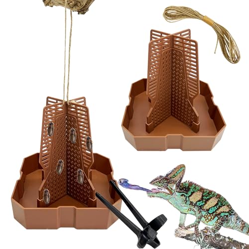 2PCS Reptile Hunting Bowl,5.8"×5.8"×6.1" H Insect Feeding Box with Rope and Tweezers Chameleon Feeder Bowls Hanging Bearded Dragon Bug Bowls Mounted Insect Reptile Feeder Box(Brown,Large) - color: Brown, size: Large:5.8"L×5.8"W×6.1"H