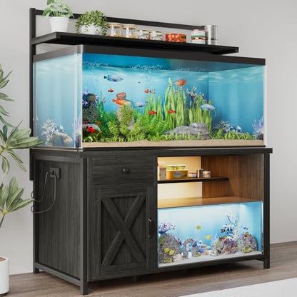 55-75 Gallon Fish Tank Stand with Storage, Aquarium Stand with Shelf, Gray | 49.2 x 19.7 In Top, Upper Shelf, LED Light, 2 Outlets, 2 USB Ports, Metal Frame Support, Turtle Tank Stand, 1100 LBS - color: Gray