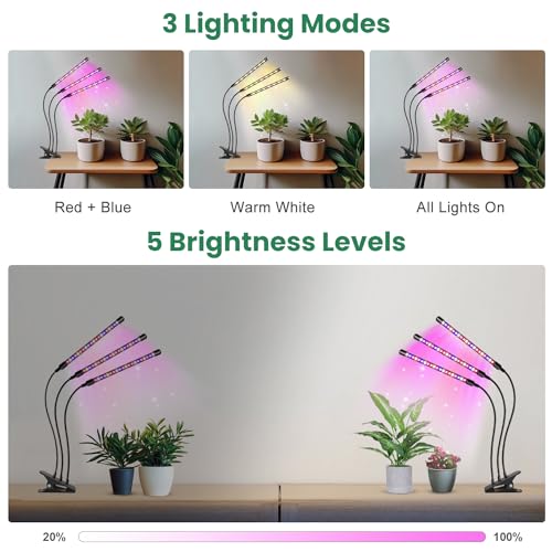 Plant Lights, 3 Heads Clip On Grow Lights for Indoor Plants | Full Spectrum, Timer 6/12/16Hrs, 3 Spectrums, 5 Dimmable Levels, Flexible Gooseneck - size: (1 Pack)3 Arms