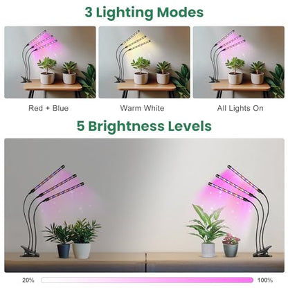 Plant Lights, 3 Heads Clip On Grow Lights for Indoor Plants | Full Spectrum, Timer 6/12/16Hrs, 3 Spectrums, 5 Dimmable Levels, Flexible Gooseneck - size: (1 Pack)3 Arms