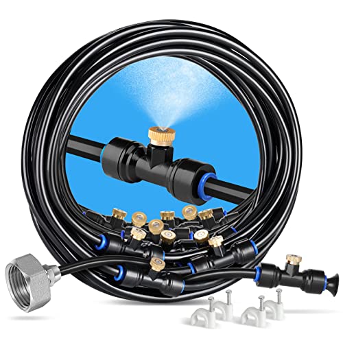 Misting Cooling System 59FT (18M) Misting Line + 20 Brass Mist Nozzles + Brass Adapter(3/4") Outdoor Mister for Patio Backyard Garden Greenhouse Watering - size: 59FT / 18M