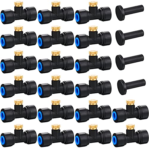 Hotop 20 Pieces Brass Misting Nozzles 1/4 Inch, Mister Replacement Nozzles Tees with Plugs for Outdoor Cooling System, Misting System Accessories for Patio, Greenhouse, Garden