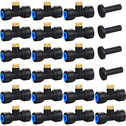 Hotop 20 Pieces Brass Misting Nozzles 1/4 Inch, Mister Replacement Nozzles Tees with Plugs for Outdoor Cooling System, Misting System Accessories for Patio, Greenhouse, Garden