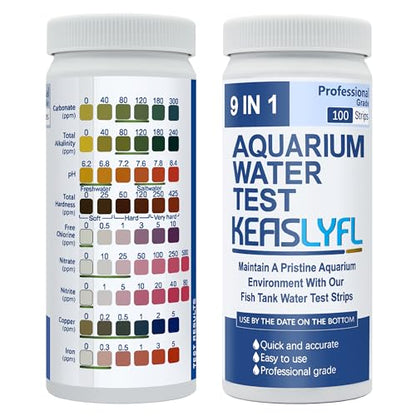 Aquarium Test Strips,100 Strips 9 in1 Saltwater and Freshwater Aquarium Test Kit for Aquarium,Pond and Fish tank,Testing Carbonate,Alkalinity,pH,Hardness,Free Chlorine,Nitrate,Nitrite,copper and Iron.