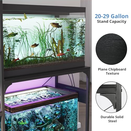 VOWNER 20-29 Gallon Fish Tank Stand with Power Outlet, Wood Aquarium Stand with Shelves for Fish Tank Accessories Storage, Heavy Duty Metal Frame, Turtle Reptile Terrarium Stand, Load 500lb, Black - color: Black