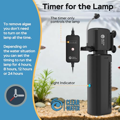 AquaMiracle Fish Tank Filter with Timer & Filter Sponge, 225GPH U - V Aquarium Filter with Aeration & Rainfall Modes, Effective Turtle Filter for Green Water Control (20-70 Gal Tank)