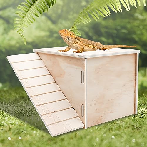 Large Bearded Dragon Hide Cave, Wooden Lizard Hideout with Climbing Ramp, Reptile Habitat with Basking Platform, Tank Accessories for Bearded Dragon Lizard Chameleon Hamster 11.3 x 9.1 x 7.1 Inch - size: 11.3 x 9.1 x 7.1 Inch