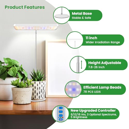 Wiaxulay Plant Grow Light, 11in Full Spectrum for Indoor Plants with Base | Desk Growing Lamp with Metal Base, 7.8-26in Adjustable, 6/12/16H Timer, 3 Lighting Modes, 5 Dimmable Levels for Small Plants - size: 2 Pack(White)