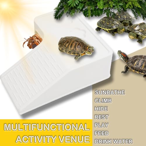 2 Pack Tortoise Climbing Terrace Turtle Resting Basking Platform Reptile Climbing Ramp Hiding Place Habitat Accessories with Feeding Trough