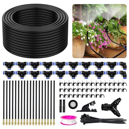 100FT Drip Irrigation Kit System for Garden 360° Adjustable Garden Sprinklers for Yard Watering System with 18 Nozzles Raised Bed Greenhouse Plant Watering Devices Misting System - size: 100FT + 18pcs nozzles and connectors