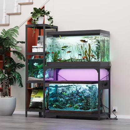 VOWNER 20-29 Gallon Fish Tank Stand with Power Outlet, Wood Aquarium Stand with Shelves for Fish Tank Accessories Storage, Heavy Duty Metal Frame, Turtle Reptile Terrarium Stand, Load 500lb, Black - color: Black