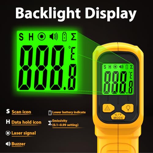 FKM Infrared Thermometer Gun Non-Contact Laser Temperature Gun -58°F~986°F | (-50°C~530°C) Adjustable Emissivity,Digital Thermometer Gun for Cooking,Oven,Griddle,Automotive,HVAC,Industrial,Not for Human - color: Yellow