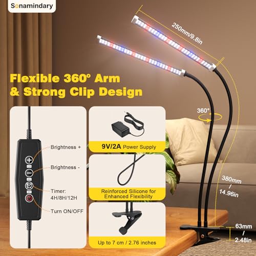 LED Grow Lights for Indoor Plants, Clip-On Clamp, Dual Head | 120 LEDs, Metal Arms with Silicone Sleeves, Upgraded 9V System, 5700K Full Spectrum, 4/8/12H Timer, 5 Brightness Levels - size: Clamp-2 Head