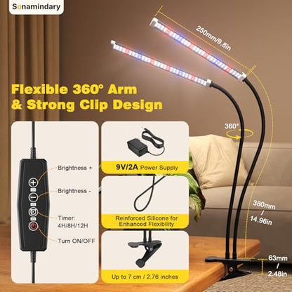 LED Grow Lights for Indoor Plants, Clip-On Clamp, Dual Head | 120 LEDs, Metal Arms with Silicone Sleeves, Upgraded 9V System, 5700K Full Spectrum, 4/8/12H Timer, 5 Brightness Levels - size: Clamp-2 Head