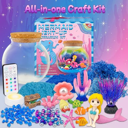 7july Mermaid Terrarium Craft Kit for Kids - LED Night Light Up & Remote Mermaid Birthday Gifts Toys for Girls Age 5 6 7 8 9 10 11 12 Year Old - style: Mermaid