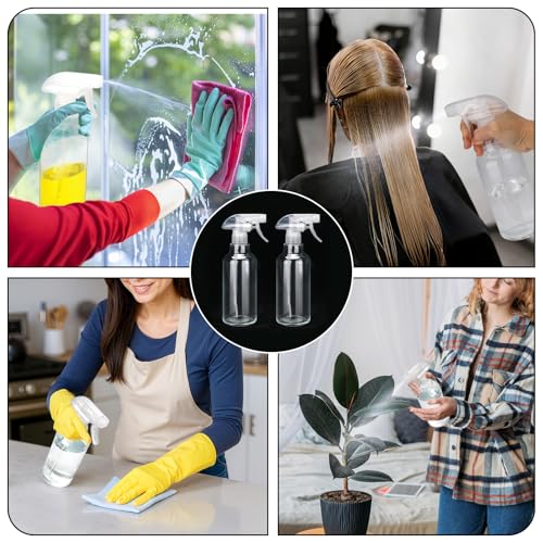 Glass Spray Bottles 16.9oz/500ml 2 Pack Clear Empty Spray Bottle | Mist/Stream Heavy Duty, Water Spraying Bottle, for Cleaning, Cooking Solutions, Hair Care, Including a funnel and two lid - color: C-Transparent