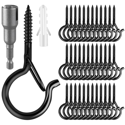 FSAH 96 PCS Q-Hanger Hooks with Safety Buckle, Windproof Screw Hooks | for Outdoor String Lights Hanging Christmas Patio Lights, Plants, Cup Eye Hooks Mount on Wall Ceiling Wood Fence Deck, Black - color: Black, size: 96 Pcs