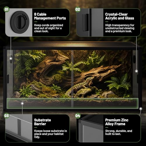 120 Gallon Reptile Tank, 4x2x2 Reptile Enclosure for Bearded Dragon, Snake, Ball Python & Chameleon, Aluminum Alloy Reptile Terrariums Cage with Front Sliding Tempered Glass Doors (Black) - color: Black
