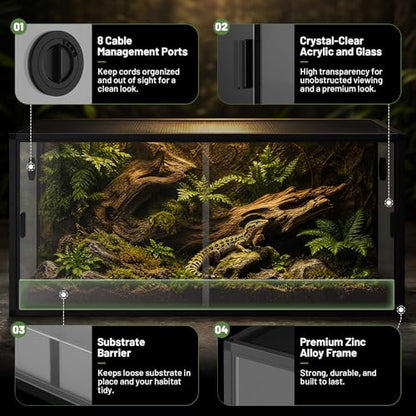 120 Gallon Reptile Tank, 4x2x2 Reptile Enclosure for Bearded Dragon, Snake, Ball Python & Chameleon, Aluminum Alloy Reptile Terrariums Cage with Front Sliding Tempered Glass Doors (Black) - color: Black
