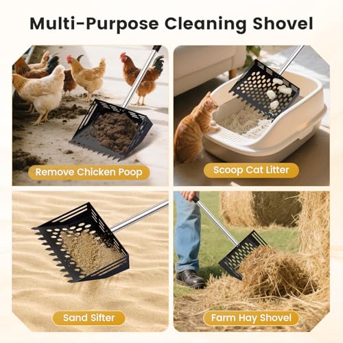 2-in-1 Chicken Poop Scooper & Rake, 38 to 66" Adjustable Stainless Steel Chicken Coop Scoop for Sand Chicken Litter Scoop with Handle Litter Sifting Shovel for Chicken Coops & Pet Waste