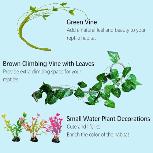 kathson 9PCS Leopard Gecko Tank Accessories,Reptile Hanging Plants and Vines Coconut Shell Hut with Ladder Habitat Decor for Climbing Bearded Dragon Lizard Snake Hermit Crab Chameleon - size: 9PCS