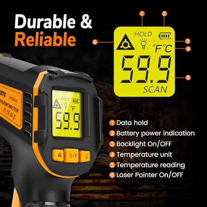 Infrared Thermometer Digital Temperature Gun Laser Meat Thermometer for Cooking, Food, Pizza Ovens, Grilling, Engine, Candy, Laser Griddle, Indoor HVAC Refrigerator Tool -58°F to 1112°F (-50℃~600℃)