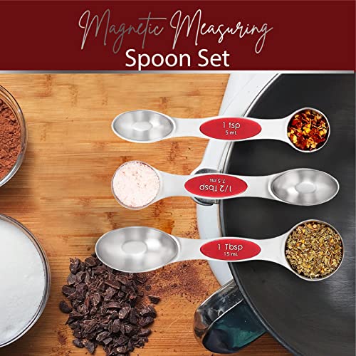 Magnetic Measuring Spoons Set of 9 Stainless Steel Dual-Sided Stackable Measuring Spoon Nesting Teaspoons Measuring Dry and Liquid Ingredients, Fits in Spice Jars Set of 9 (Red) - color: Red