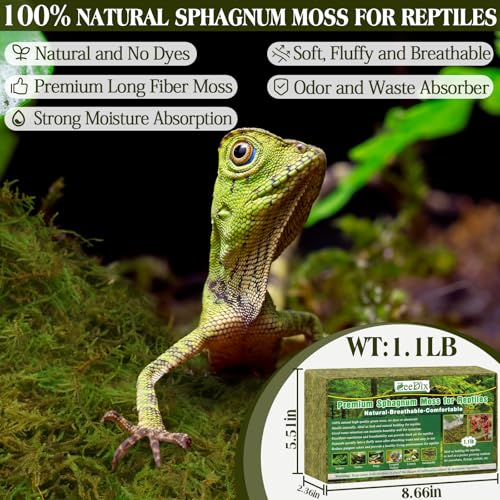 1.1 lb Premium Sphagnum Moss for Reptiles | 25 qt Green Natural Reptile Moss Bedding, Long Fiber Reptile Moss for Leopards, Geckos, Snakes, Turtles, Frogs - color: 1.1lb