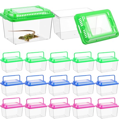LemonRoad 15 Pcs Plastic Reptile Terrariums Carrier Cage Enclosure Snake Breeding Box Hatching Container Transparent Fish Tank with Ventilated Lid for Tarantula Spider Turtle Lizard (5.1x3.5x3.5 Inch)