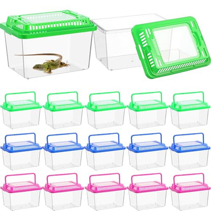 LemonRoad 15 Pcs Plastic Reptile Terrariums Carrier Cage Enclosure Snake Breeding Box Hatching Container Transparent Fish Tank with Ventilated Lid for Tarantula Spider Turtle Lizard (5.1x3.5x3.5 Inch)