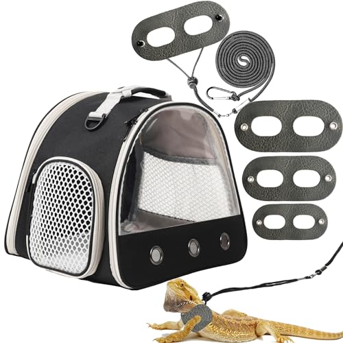 Leopard Gecko Portable Carrier with Leather Harness and Leash Set,Small Animal Travel Cage with Transparent Window,Lizard Carrier for Hamster Rabbit Gerbil Hedgehog Sugar Glider - color: Black