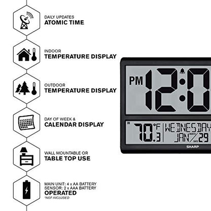 Sharp Atomic Clock with 4-Inch Display, Outdoor Sensor, Battery Powered | 4-inch numbers; Self-setting atomic time; Indoor/outdoor temperature; Wireless sensor; Battery powered; Easy setup