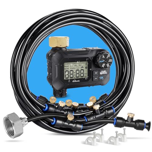 Automatic Misting Cooling System with Timer, 46FT Misting Line | 10 Brass Nozzles, 3/4" Brass Adapter, For Patio Misting, Grenhouse Watering & Chicken Coop Cooling - size: 46FT / 14M