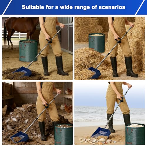 Chicken Poop Scooper & Rake, Stainless Steel Shovel Head Chicken Coop Scoop with Reuseable Yard Waste Bags, Adjustable Stainless Steel Handle 28"-68", Chicken Scooper for Chicken Coop Cleaning Tool