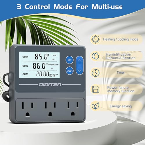 Digital Temperature Humidity Controller Pre-Wired Outlets for Mushroom, Reptile, Heating/Cooling On Outlet 1, Humidifier/Dehumidifier On Outlet2, Timer On Outlet 3