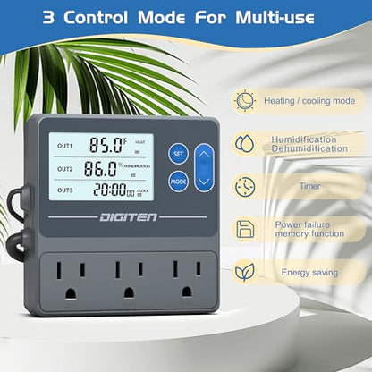 Digital Temperature Humidity Controller Pre-Wired Outlets for Mushroom, Reptile, Heating/Cooling On Outlet 1, Humidifier/Dehumidifier On Outlet2, Timer On Outlet 3
